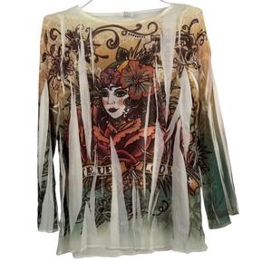 Y2K Tattoo Graphic Sheer Top Rhinestone True Love Whimsigoth Fairy Boho Medium